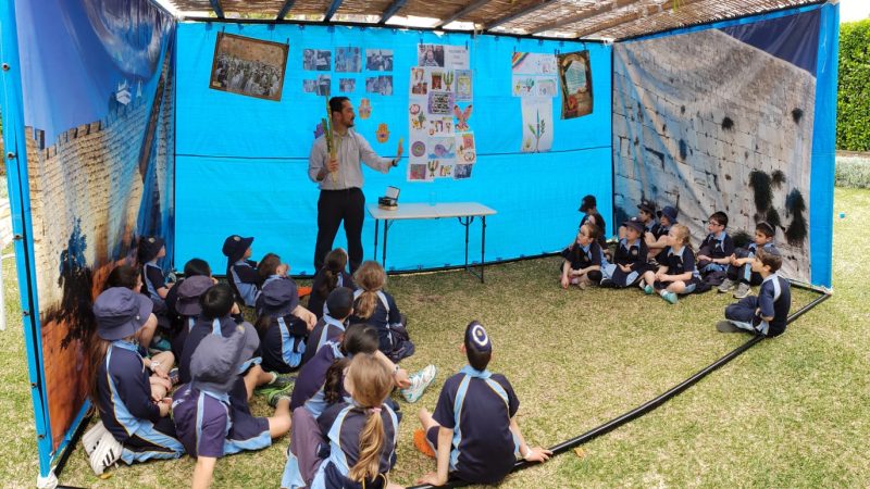 Staff member educating students about Sukkot