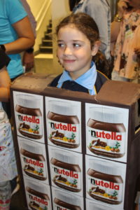 Student dressed as nutella at PURIM celebration
